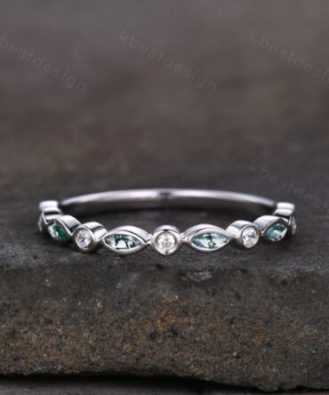 Half Eternity Moss Agate Wedding Band White Gold Ring for Women Unique Marquise cut Moss Agate Moissanite Wedding Ring Stacking Band Gift