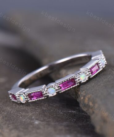 Ruby Opal Wedding Band Half Eternity Baguette Band Art Deco Stacking Wedding Ring Anniversary Ring Sterling Silver Ring July Birthstone Ring