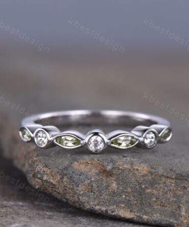 Half Eternity Peridot Wedding Band, White Gold Ring, Marquise cut Peridot Wedding Ring, Moissanite Wedding Band, Anniversary Gift for her