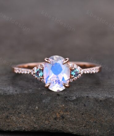 Rainbow Moonstone Engagement Ring Rose Gold Oval Moonstone Ring Unique Three Stone Alexandrite Ring June Birthstone Ring Promise Ring