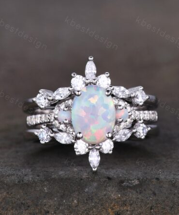 White Opal Engagement Ring Set, Sterling Silver Rings for Women, Art Deco Double Curved Stacking Band, Unique Bridal Wedding Band, Handmade