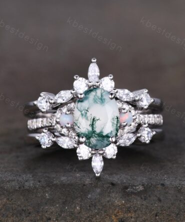Vintage Moss Agate Engagement Ring Set Oval Engagement Ring Vintage Marquise cut Diamond Cluster ring Unique Bridal Set Promise Gift