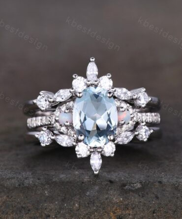 Aquamarine Ring White Gold Oval Aquamarine Engagement Ring Set Unique Marquise cut Moissanite Cluster Wedding Ring Double Curved Band Ring
