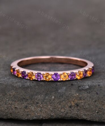 Half Eternity Amethyst Wedding Band 2mm Amethyst & Citrine Wedding Band Rose Gold Ring Dainty Stacking Band November Birthstone Ring