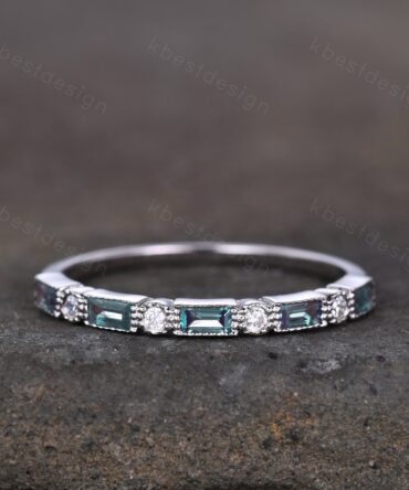 Alexandrite Ring Half Eternity Wedding Band White Gold Art Deco Baguette Stacking Band Anniversary Ring June Birthstone Ring Women Gift