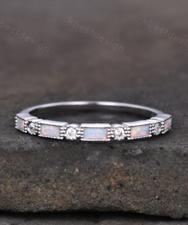 Opal Wedding Band Art Deco Half Eternity Baguette Wedding Band White Gold Opal Stacking Band Vintage Wedding Ring Anniversary Gift Silver