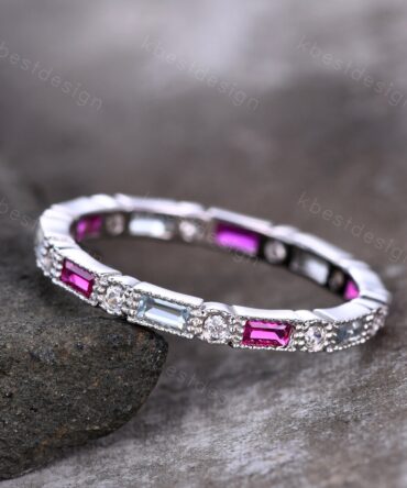 Baguette Ruby Eternity Band, Ruby and Aquamarine Wedding Band, Art Deco Stacking Band, July Birthstone Ring, Anniversary Gift, White Gold