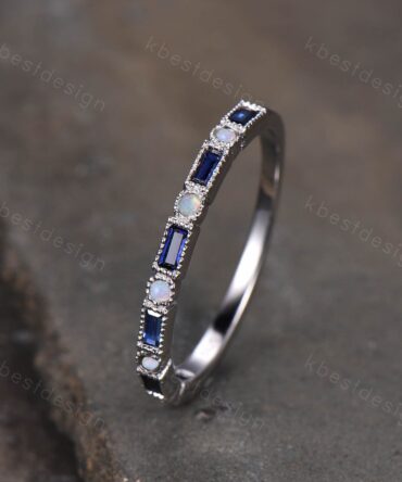 Sapphire and Opal Ring, Baguette Sapphire Ring, Half Eternity Stacking Ring, Silver Ring, Women's Wedding Ring, September Birthstone Ring