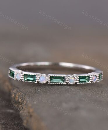 Emerald Opal Wedding Band, Half Eternity Band, Baguette Stacking Band, Opal Ring, Sterling Silver Ring, Anniversary Ring, May Birthstone