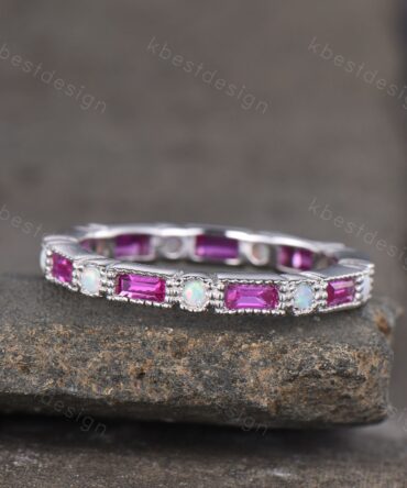 Eternity Ruby Opal Wedding Band, Baguette Ruby Wedding Band, Art Deco Stacking Matching Ring, Anniversary Ring, July Birthstone Ring