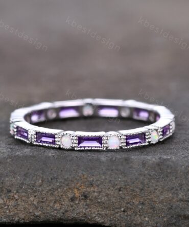 Amethyst Wedding Band Art Deco Eternity Band Opal Wedding Band White Gold Ring for Women Stacking Matching Band Anniversary Ring