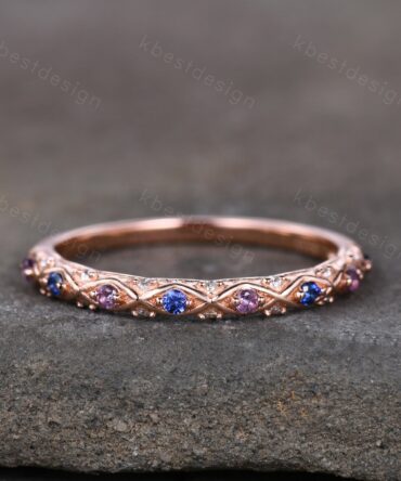 Antique Sapphire Wedding Band Women Rose Gold Band Amethyst Band Vintage Wedding Ring September Birthstone Stacking Ring Anniversary Gift