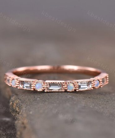 Aquamarine Ring, Women Rose Gold Wedding Band, Half Eternity Aquamarine Opal Band, Art Deco Stacking Matching Band, Anniversary Ring