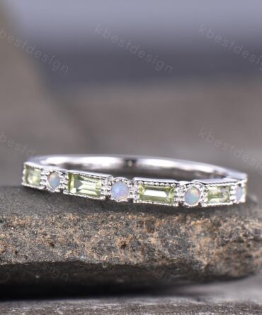 Peridot Opal Wedding Band Women Silver Stacking Band Half Eternity Baguette Band Unique Stacking Ring Matching Band Anniversary Ring Gift