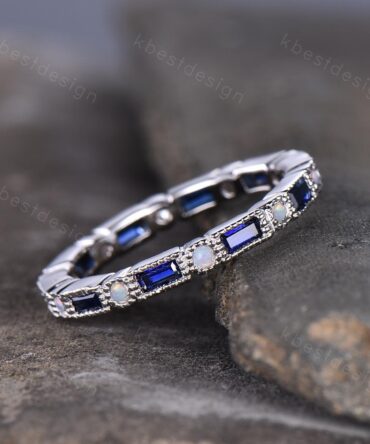 Eternity Band, Blue Sapphire Wedding Band, Sterling Silver Ring, Sapphire Opal Ring, September Birthstone Ring, Vintage Stacking Band