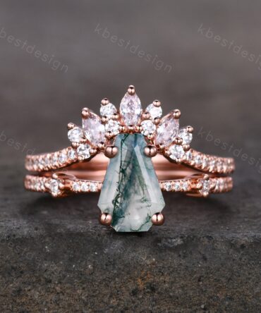 Coffin Shape Natural Moss Agate Ring Set Vintage 14K Rose Gold Marquise cut Moissanite Ring Unique Engagement Ring Women Wedding Ring Set