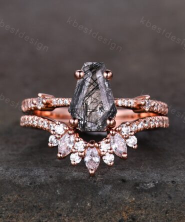 Vintage black rutilated quartz engagement ring set Moissanite ring set Unique marquise ring set coffin shaped ring bridal set jewelry gift