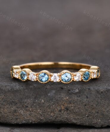 Half Eternity Blue Topaz Wedding Band Women Yellow Gold Band Art Deco Blue Topaz and Moissanite Wedding Band Unique Anniversary Ring