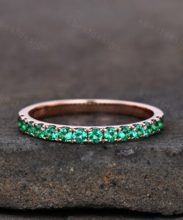 Half Eternity Emerald Wedding Band Rose Gold Band for Women 2mm Emerald Stacking Band May Birthstone Ring Anniversary Ring Promise Gift