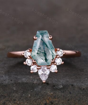 Vintage Moss Agate engagement ring Rose gold Coffin shaped Ring Unique pear moissanite ring Art deco prong set anniversary ring Women Gift