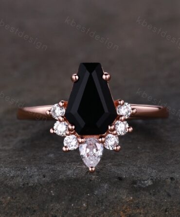 Black Onyx Engagement Ring Rose Gold Pear Moissanite ring Vintage coffin shaped ring Solitaire engagement ring Promise anniversary ring