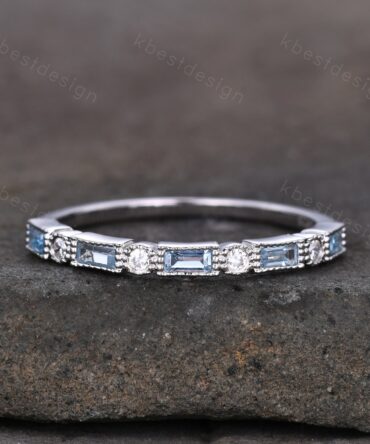 Blue Topaz Wedding Band, Half Eternity Baguette Band, White Gold Band, Art Deco Stacking Band, Anniversary Gift, December Birthstone Ring