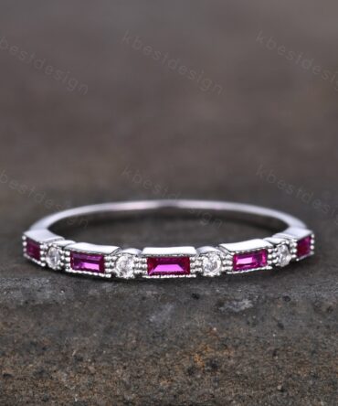 Ruby wedding band 14k white gold band art deco baguette band half eternity stacking matching band Vintage bridal anniversary ring