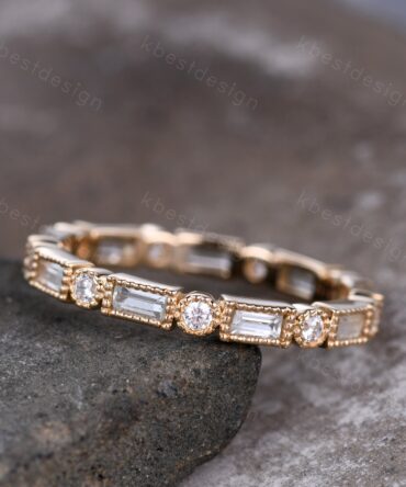 14K Gold Aquamarine Wedding Band, Baguette Aquamarine Eternity band, Art deco Milgrain Wedding Band, March Birthstone Ring, Gift for Her