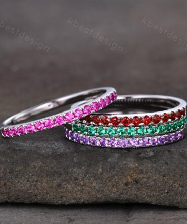 Half Eternity Wedding Band, Emerald Band, Ruby Ring, Gemstone Band, Birthstone Ring, Pave Stacking Band, Gift for her, Sterling Silver Ring