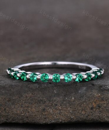 Emerald Wedding Band, 2MM Round Cut Half Eternity Band, Minimalist Emerald Band, Bubble Prong Set, Anniversary Gift, Silver Emerald Ring