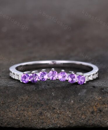 Curved Amethyst Wedding Band February Birthstone Ring Silver Amethyst Ring Half Eternity Band Pave Moissanite Stacking Band Anniversary Gift