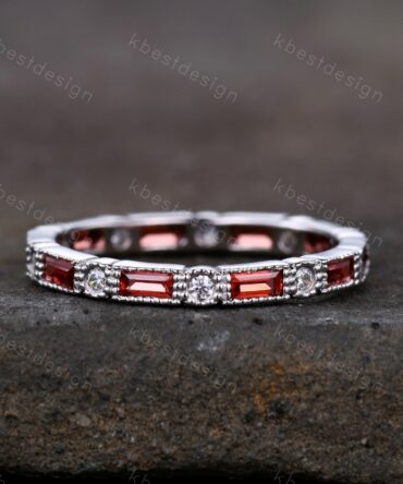 Garnet Ring, Art Deco Eternity Band, Baguette Garnet Wedding Band, January Birthstone Ring, Gemstone Band, Anniversary Gift, White Gold Ring
