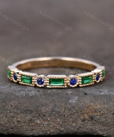 Art Deco Emerald wedding band 14K Gold emerald sapphire wedding band vintage Milgrain band matching Stacking band Anniversary band