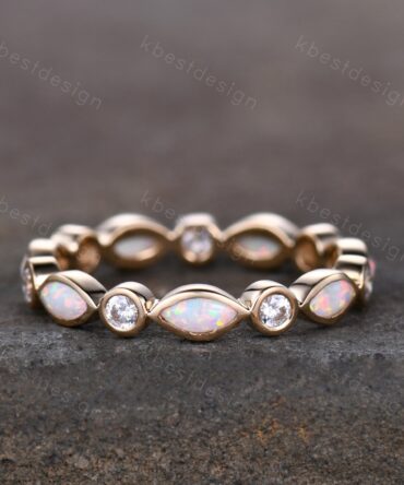Marquise Opal Ring Full Eternity Opal Wedding Band Moissanite Wedding Ring Art deco Stacking Matching Band Anniversary Band Solid Gold Ring