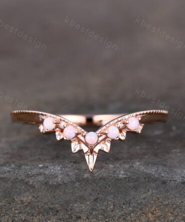 Opal Ring Art Deco Curved Wedding Band Rose Gold Stacking Matching Band Vintage Unique Opal Ring for Women Anniversary Ring October Gift