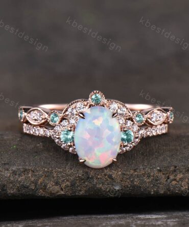 White Opal Engagement Ring Set, Rose Gold Rings for Women, Opal Alexandrite Wedding Ring Set, Art Deco Stacking Band, Oval Cut Bridal Set