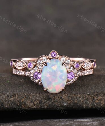 14K Rose Gold Opal Engagement Ring Set Vintage Oval Opal Amethyst Bridal Set Unique Curved Moissanite Wedding Ring Anniversary Promise Gift