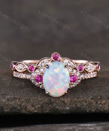 Vintage Opal Ruby Engagement Ring Set 14K Rose Gold Oval cut Ring Art Deco Moissanite Wedding Band Curved Stacking Matching Band Handmade