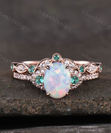 Oval White Opal Engagement Ring Set Oval Cut Ring Vintage Opal Emerald Wedding Ring Set Unique Curved Stacking Band October Birthstone Ring