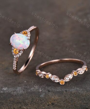 Opal engagement ring set vintage oval cut opal ring art deco Rose gold Citrine wedding ring Unique curved stacking band bridal Promise ring