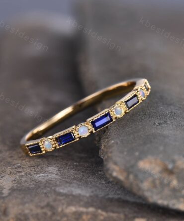 Vintage Sapphire Opal Wedding Band Baguette cut solid gold wedding ring Unique Stacking ring matching ring Bridal ring Anniversary band ring