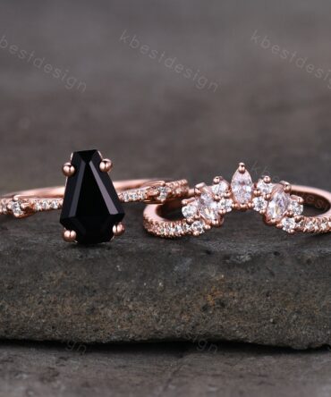 Coffin Shape Natural Black Onyx Engagement Ring Set Rose Gold Moissanite Bridal Set Unique Curved Stacking Band Antique Promise Ring Set