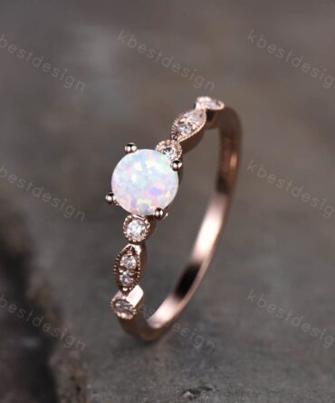 14K Rose Gold Opal Ring Round Cut White Opal Engagement Ring Unique Art Deco Moissanite Wedding Ring Delicate Ring Bridal Promise Ring