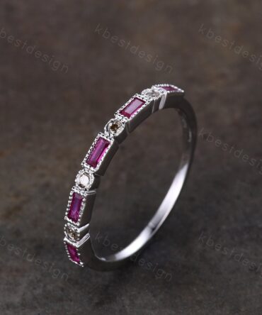 Vintage Ruby Wedding Band Women White Gold Wedding Band Salt and Pepper Diamond Ring Art Deco Stacking Band Anniversary Gift for Her