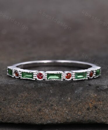 Emerald Wedding Band Half Eternity Band Emerald Garnet Band Art Deco Stacking Wedding Ring Anniversary Ring White Gold Ring Milgrain