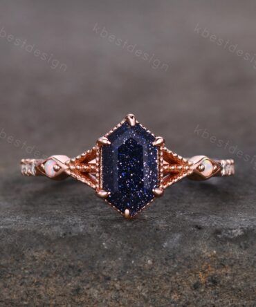 Vintage Blue Sandstone Engagement Ring Rose Gold Antique Hexagon cut ring Bridal Opal Art deco Wedding Ring Anniversary ring