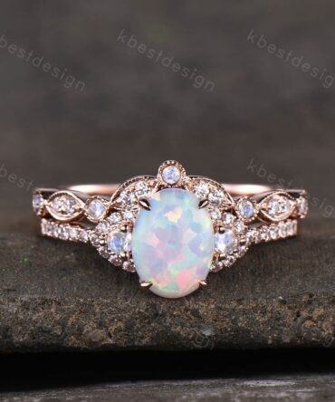 Vintage Opal Engagement Ring Set, Rose Gold Rings for Women, Opal Moonstone Wedding Ring Set, Art Deco Moissanite Band, Oval Cut Bridal Set