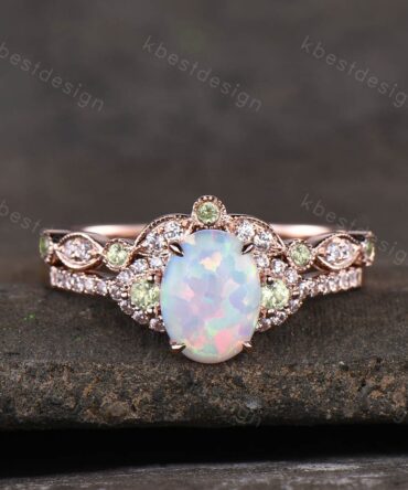 Vintage white opal engagement ring 14k rose gold oval cut ring art deco curved peridot stacking band unique bridal promise ring set