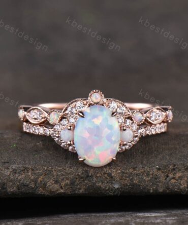 Vintage oval opal engagement ring 14k rose gold rings for women art deco curved moissanite stacking band unique bridal promise ring set