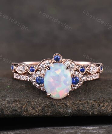 Oval Opal Engagement Ring set Rose gold Engagement Ring Vintage Unique Moissanite Ring Curved Sapphire Stacking Band Promise Ring Gift